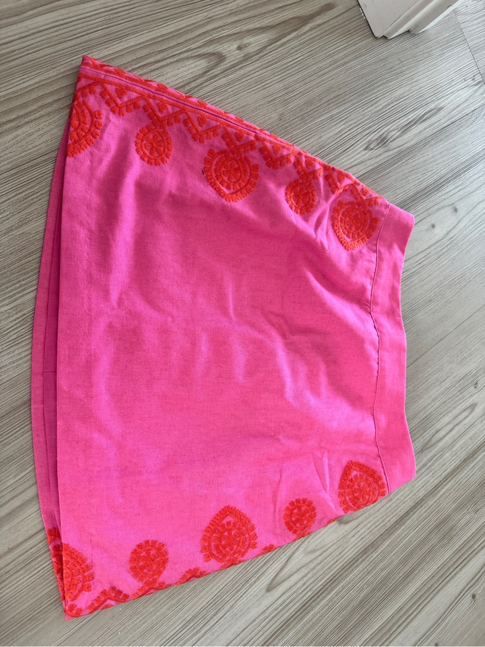 Pink Mini Skirt with Coral Embroidered Trim